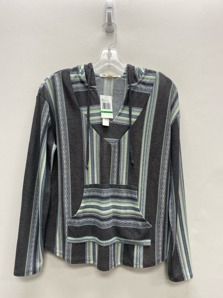 NWT Wallflower Size L Charcoal Blue/Green Stripes Hooded Ladies Pullover