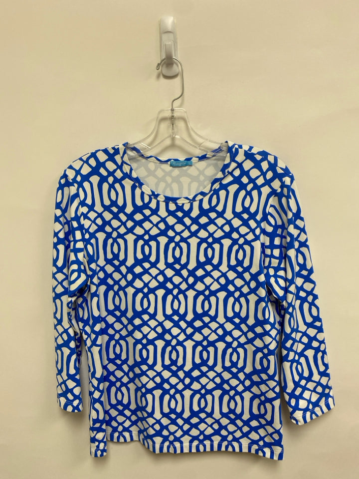 J McLaughlin Size L Blue White Print Ladies Top