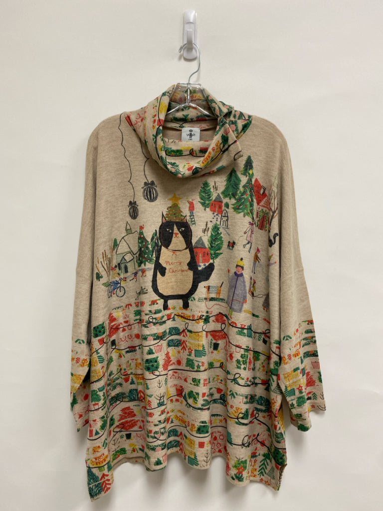 Inoah Size OSFM Beige Multi Color Christmas Cowl Neck Ladies Top