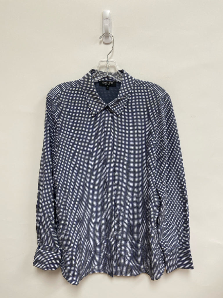 LAFAYETTE 148 Size L Slate Blue White Checkered Silk Ladies Top