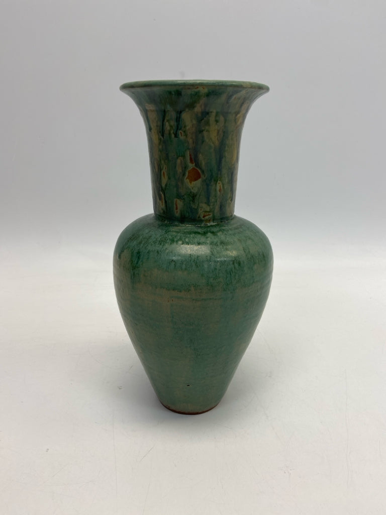 Teal Green Tan Splashes Pottery Vase