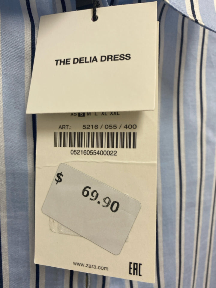 NWT Zara Size S Powder Blue White/Navy Stripes Button Up Ladies Dress