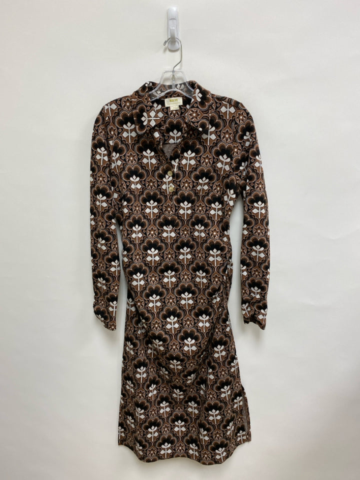 Maeve Size M Brown Black/White Floral Long Sleeve Polyester Ladies Dress