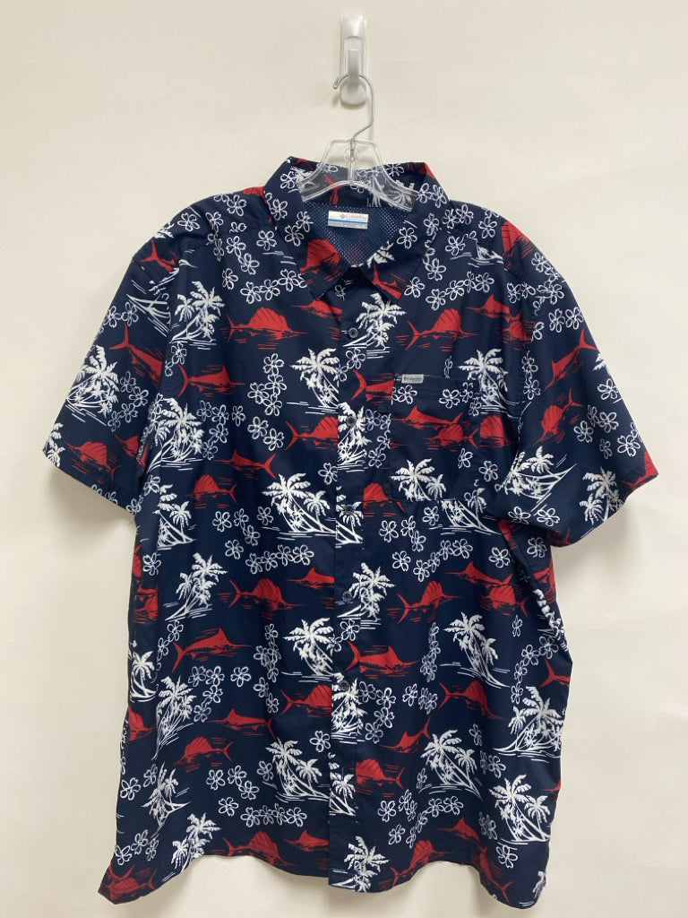 Columbia Size XL Navy White/Red Tropical Button Up Men&