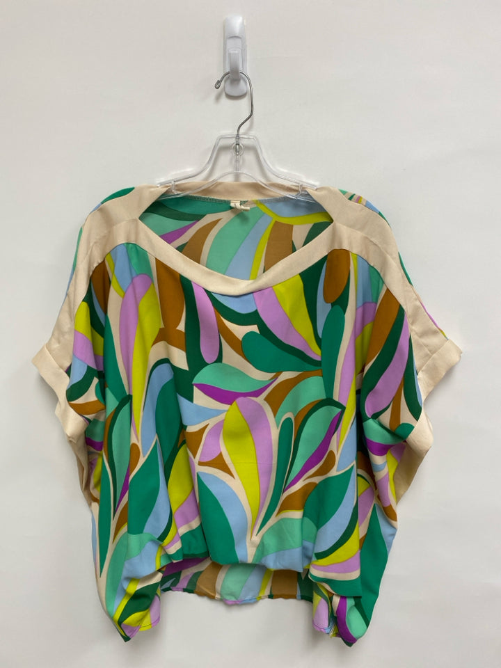 Tyche Size S Beige/Aqua Lavender/Multi Shapes Batwing Ladies Top
