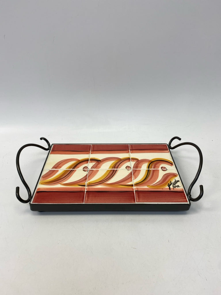 Gail Pittman Cream Red/Gold Swirl Metal/Tile Tray