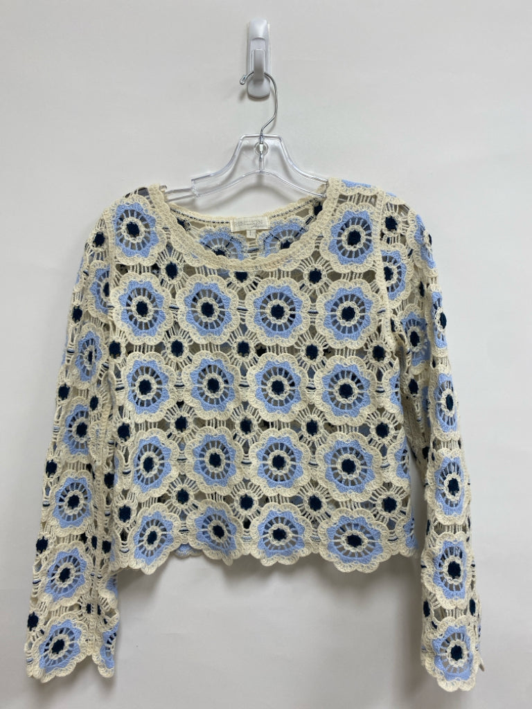 Size L Cream Blue Crochet Ladies Sweater