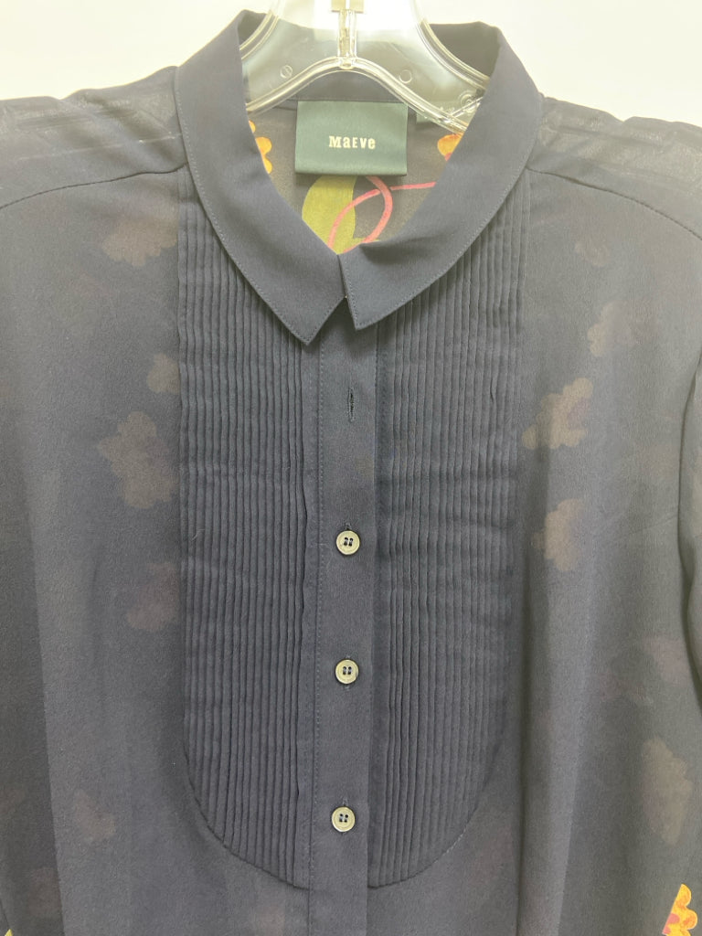 Maeve Size 4 Navy Gold/Pink Button Up Sheer Ladies Top
