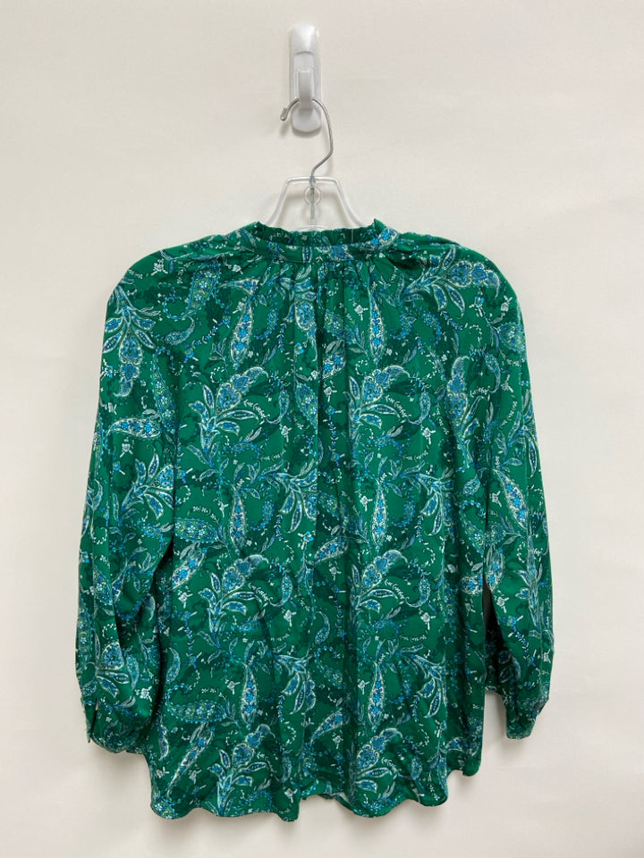 J Jill Size SP Green White/Blue Paisley Button Up Petite Top