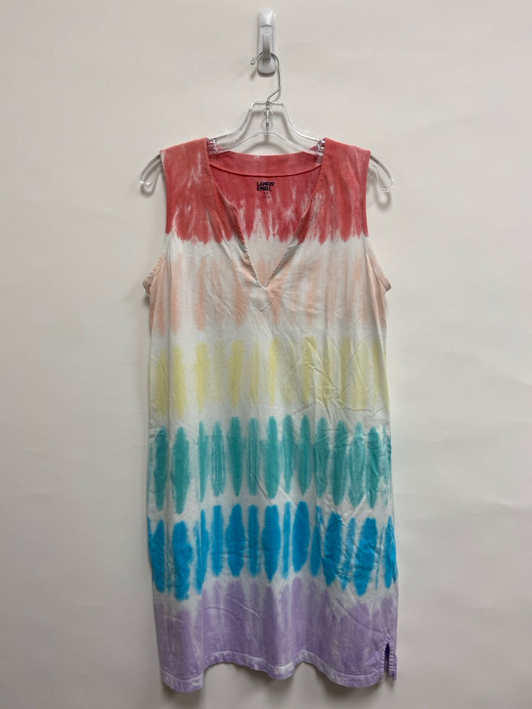 Lands End Size MP Coral/White Yellow/Multi Tie Dye Sleeveless Petite Dress