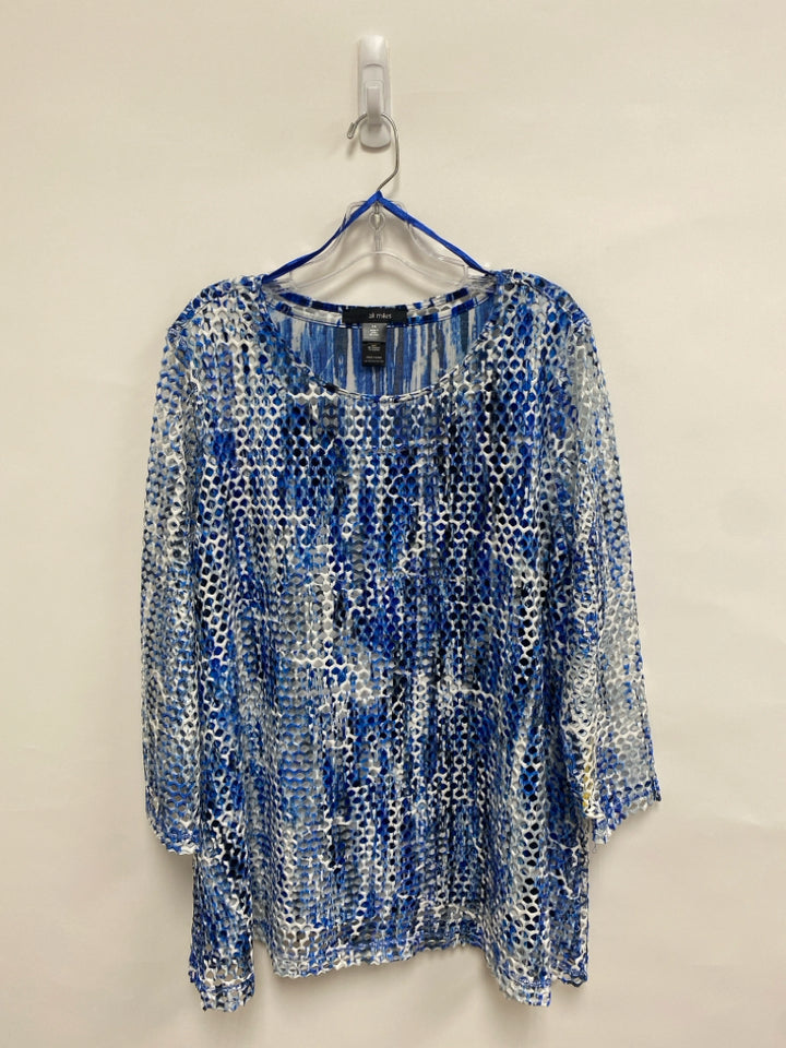Ali Miles  SIZE  1X White Navy/Blue Mesh 3/4 Sleeve Plus Size Top