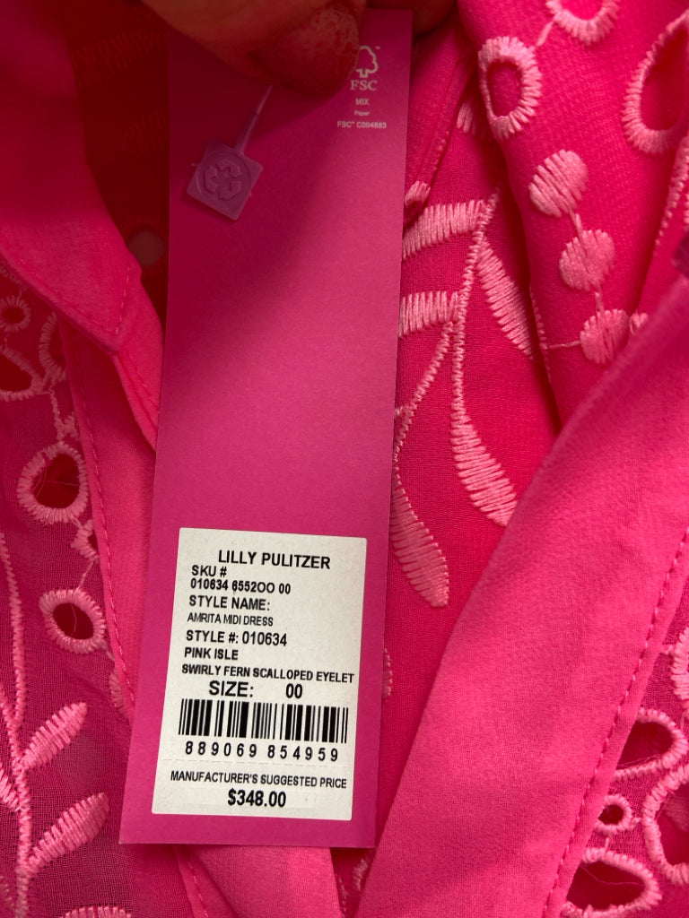NWT LILLY PULITZER Size 00 Neon Pink Button Up Eyelet Ladies Dress
