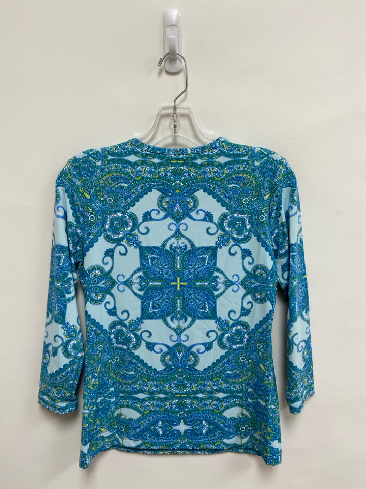 J McLaughlin Size XS Aqua Yellow Print Ladies Top