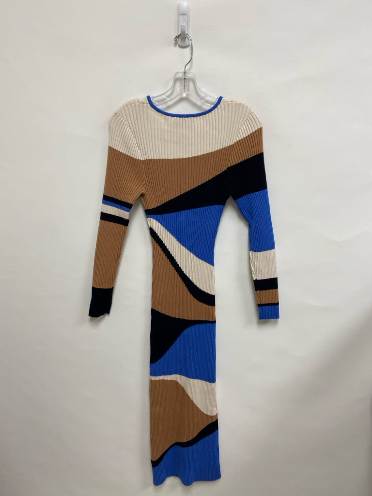 MINKPINK Size M Cream/Brown Blue/Black Ribbed Long Sleeve Knit Ladies Dress