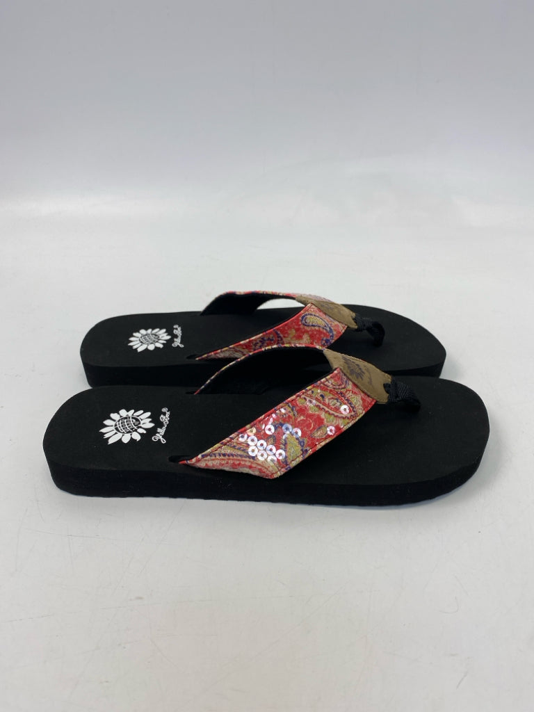 NWOT Yellow Box  Size 7 Red Multi-Color Paisley Sandals