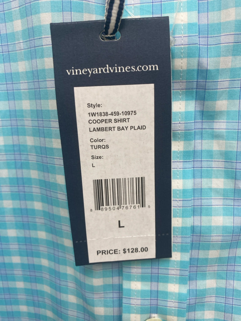 NWT Vineyard Vines Size L Aqua White Checkered Button Up Men&