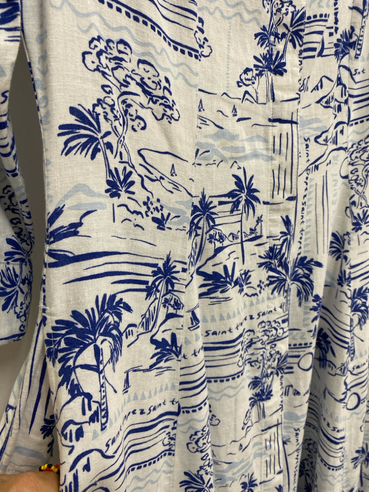 Size XS White Navy/Blue Tropical Button Up Linen Blend Ladies Dress