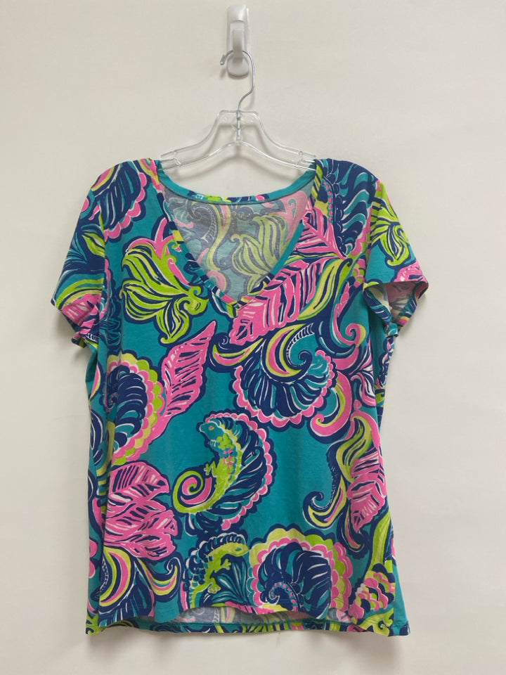 LILLY PULITZER Size XL Turquoise Pink/Green Tropical V Neck Ladies Top
