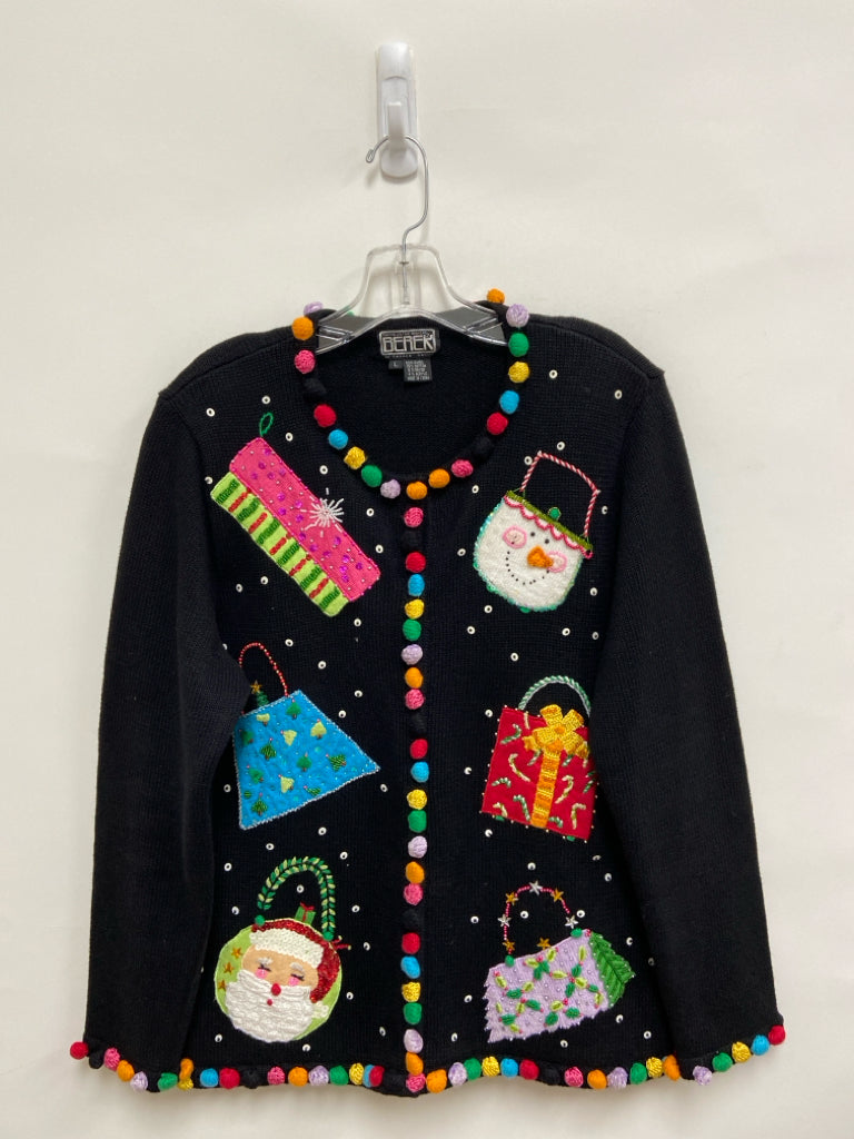 Berek Size L Black Multi Color Christmas Cardigan Ladies Sweater
