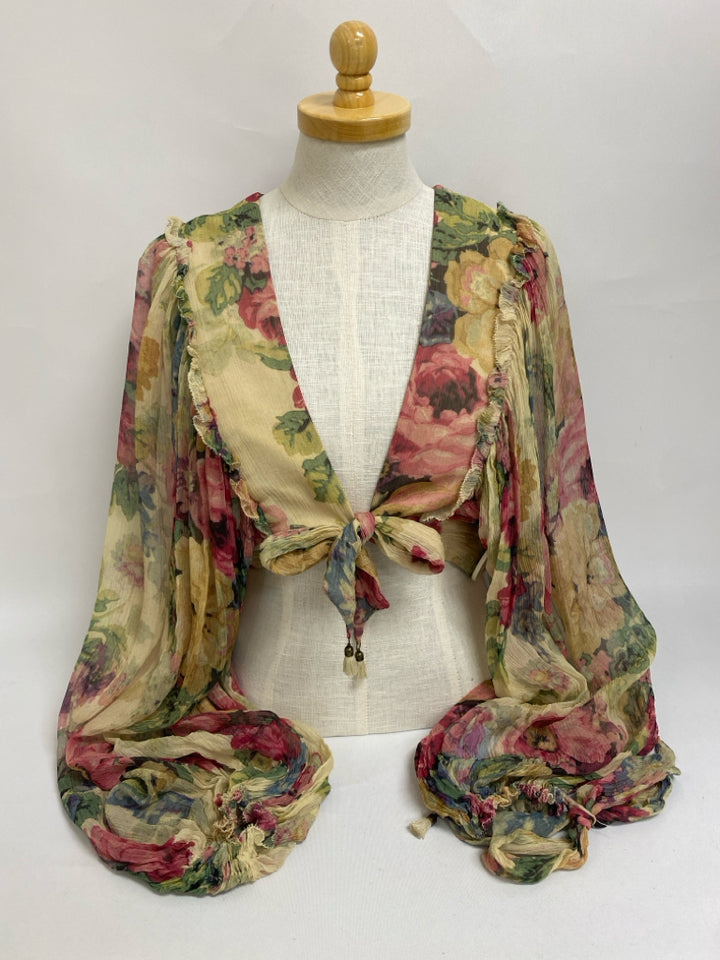 ZIMMERMANN Size 2 Beige Green/Multi Floral Cropped Silk Ladies Top