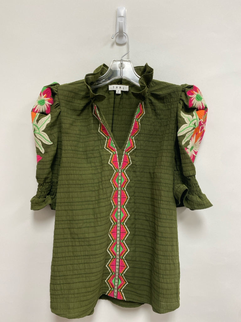 THML Size S Olive Green Cream/Pink Embroidered Puff Sleeve Ladies Top