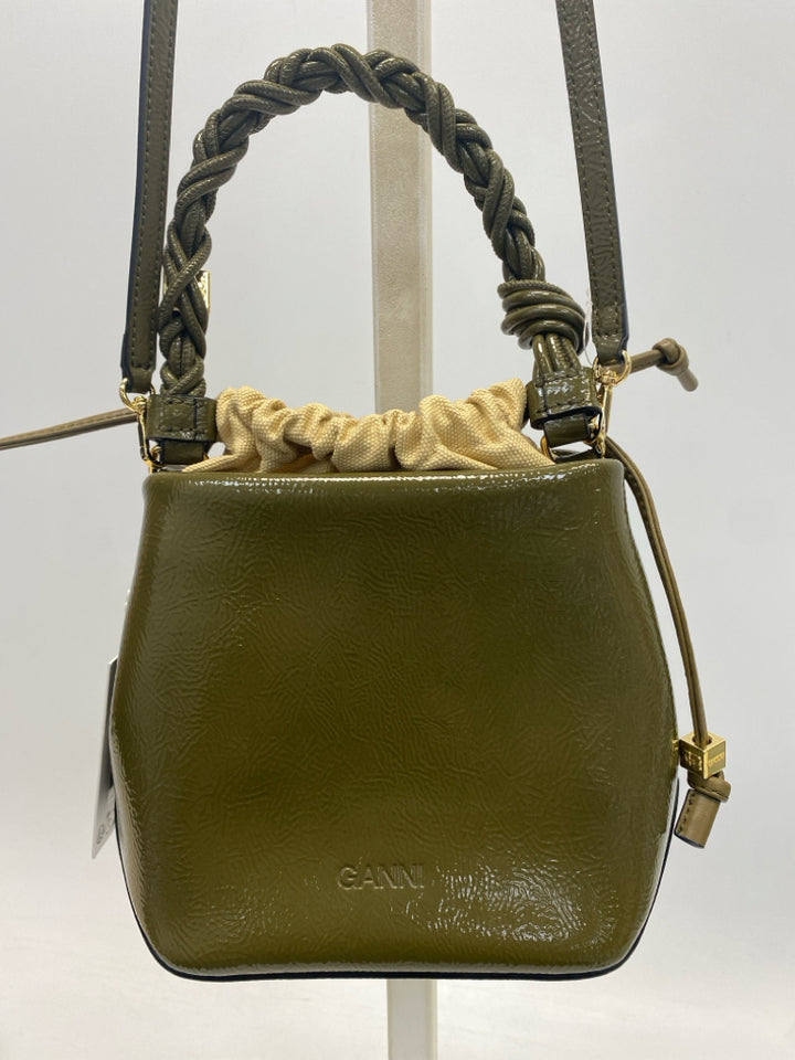 NWT Ganni Military Olive Bou Bucket Patent Bag