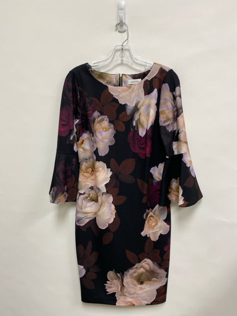 Calvin Klein Size 8 Black/Gray Peach Flowers Bell Sleeves Ladies Dress