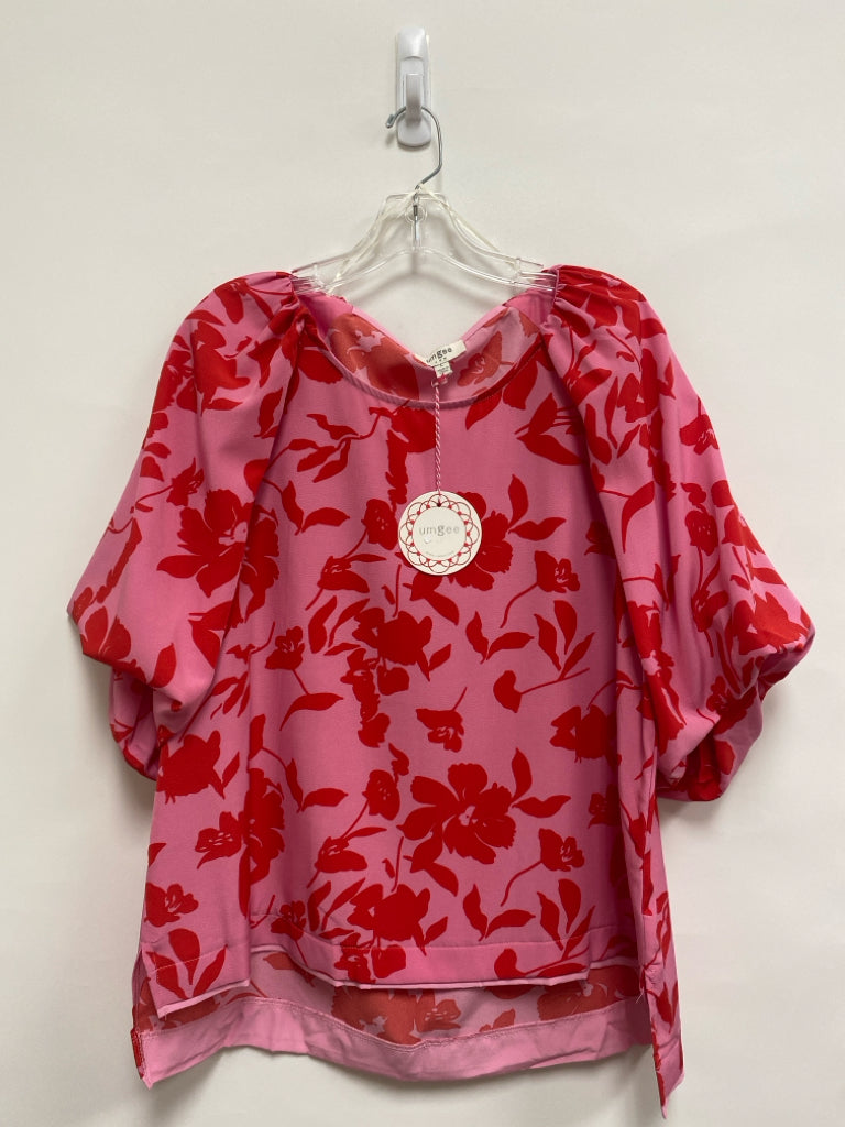 NWT Umgee Size L Pink Red Flowers Puff Sleeve Ladies Top