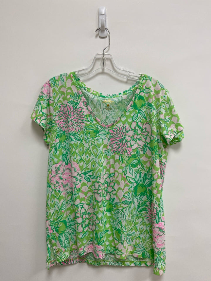 LILLY PULITZER Size L Green/White Pink Floral V Neck Ladies Top