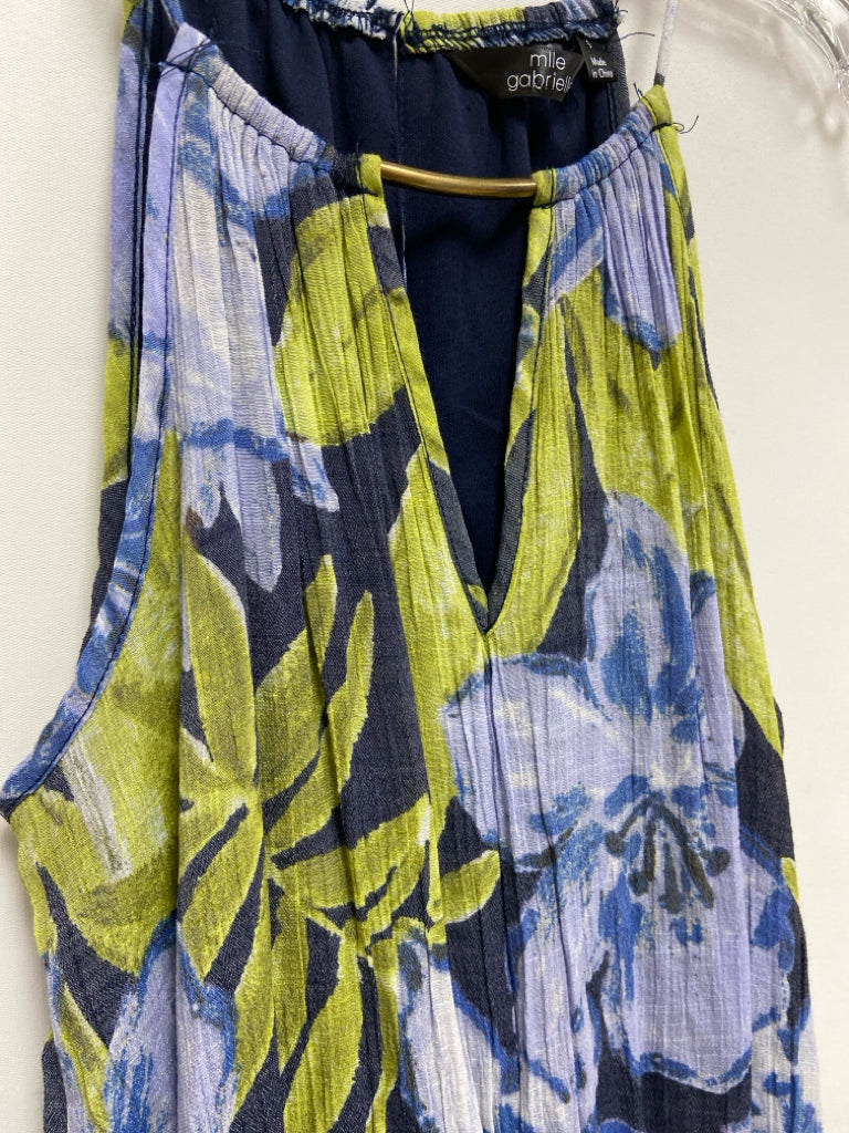 mlle gabrielle Size S Lavender Navy/Green Crinkle Sleeveless Ladies Dress