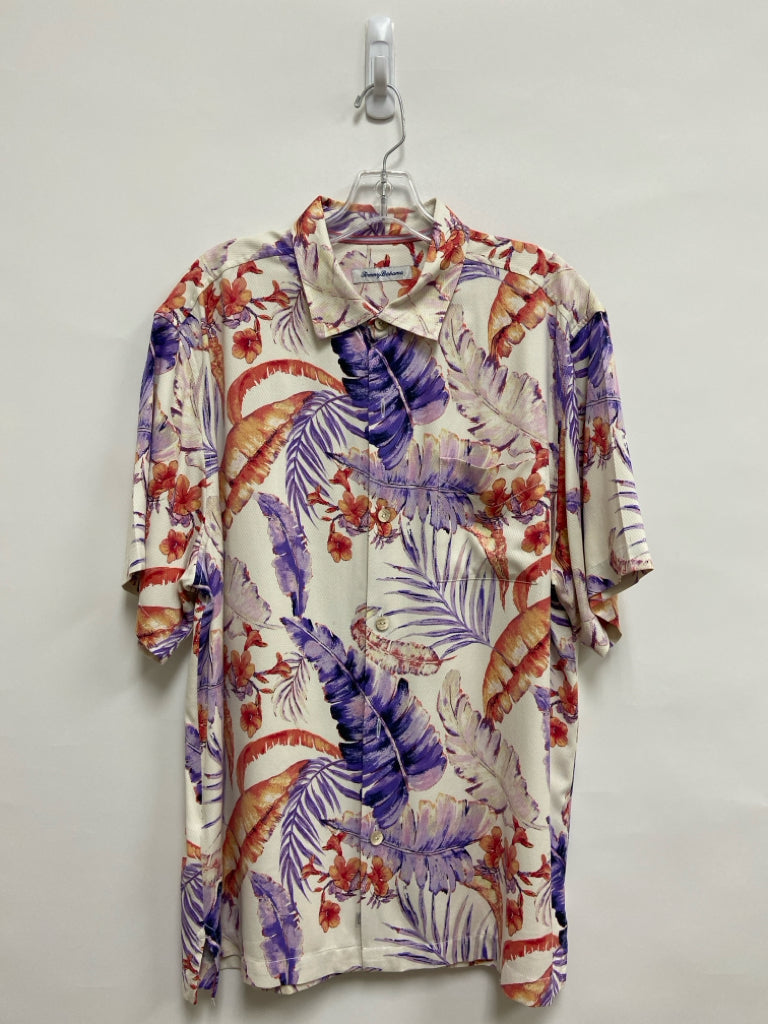 Tommy Bahama Size L Cream/Coral Purple Tropical Silk Men&