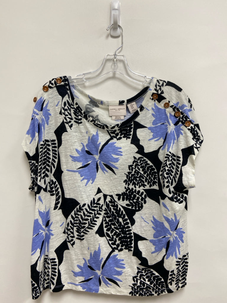 Laura Ashley Size XL White Periwinkle/Black Flowers Linen Blend Ladies Top