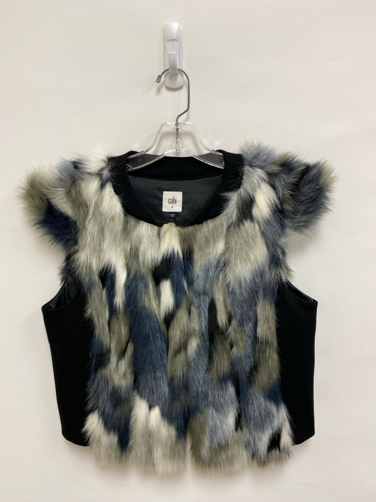 Cabi Size M Gray/White Black Button Up Faux Fur Ladies Vest
