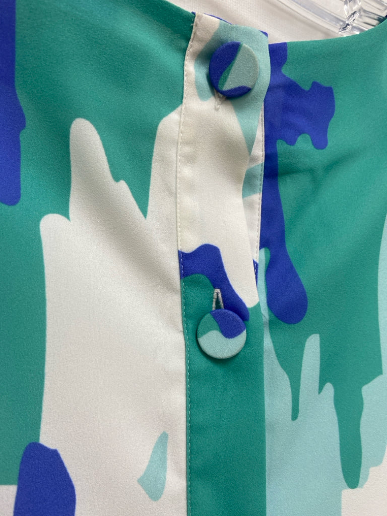 Crosby Size M Aqua/White Periwinkle Abstract V Neck Ladies Dress