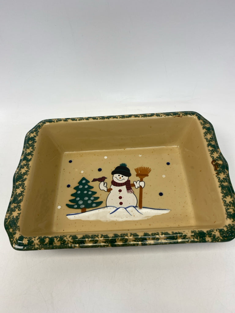 Tan Green/White Snowman Ceramic Bakeware