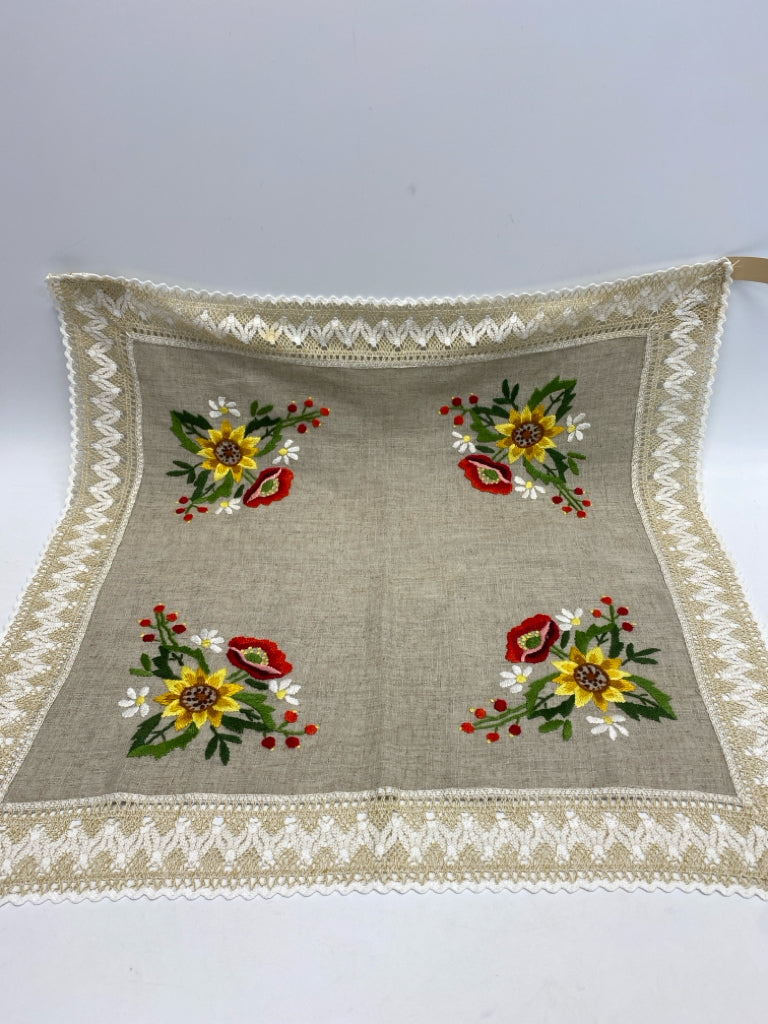 Natural Multi Color Embroidered Flower(s) Tablecloth