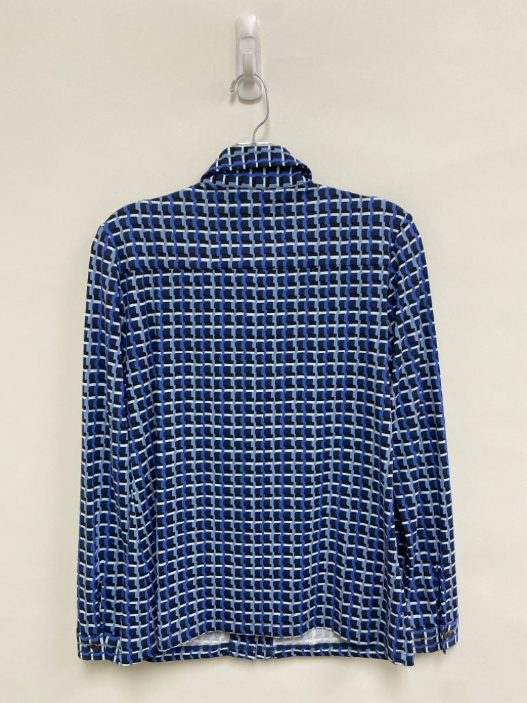 J McLaughlin Size M Blue Black/White Print Button Up Ladies Top