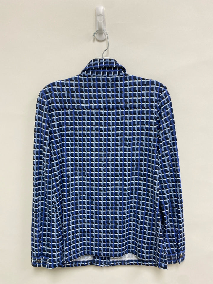 J McLaughlin Size M Blue Black/White Print Button Up Ladies Top