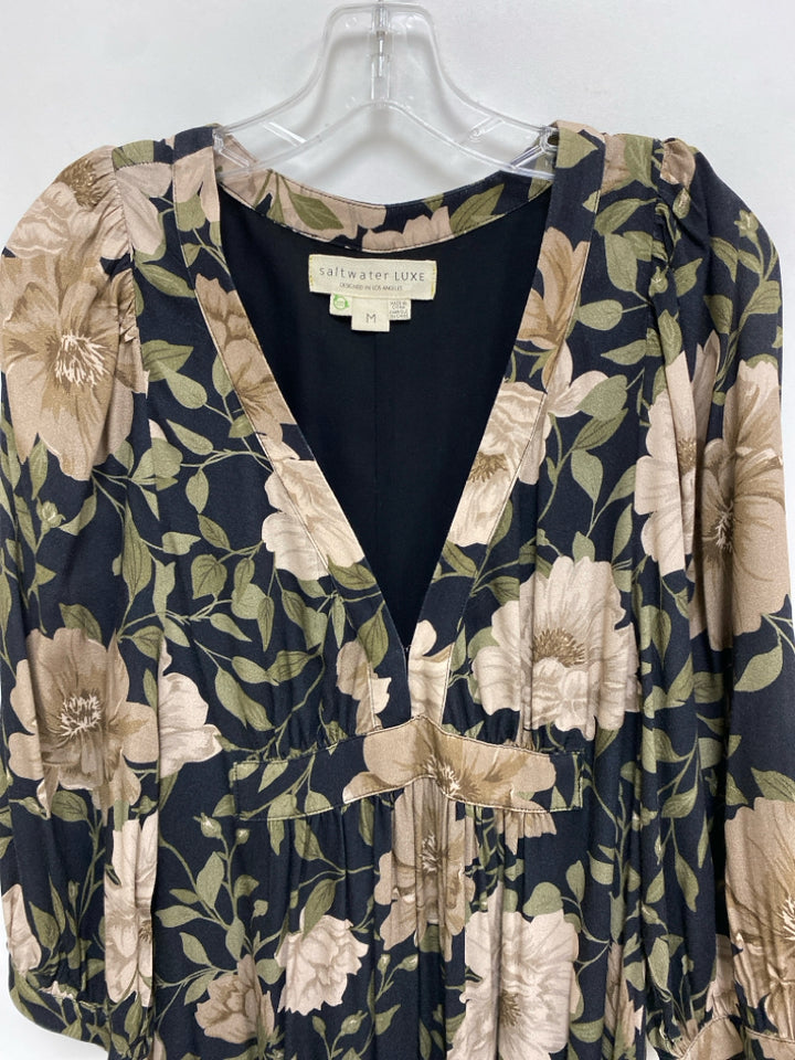 Size M Black Brown/Green Flowers Maxi Ladies Dress
