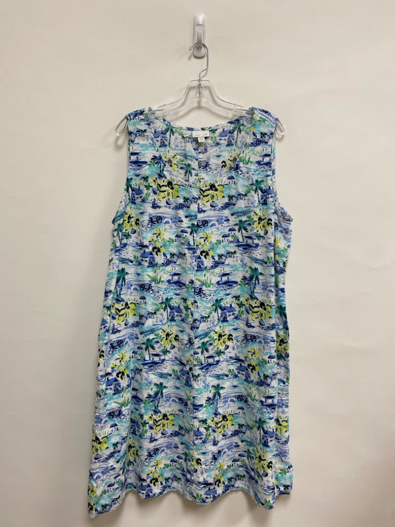 J Jill Size XL White/Green Navy/Blue Tropical Sleeveless Linen Ladies Dress