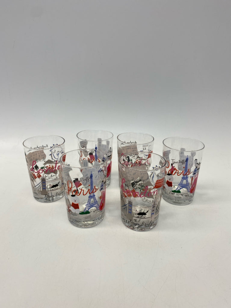 Anthropologie Clear Pink/Blue City Scene Glassware