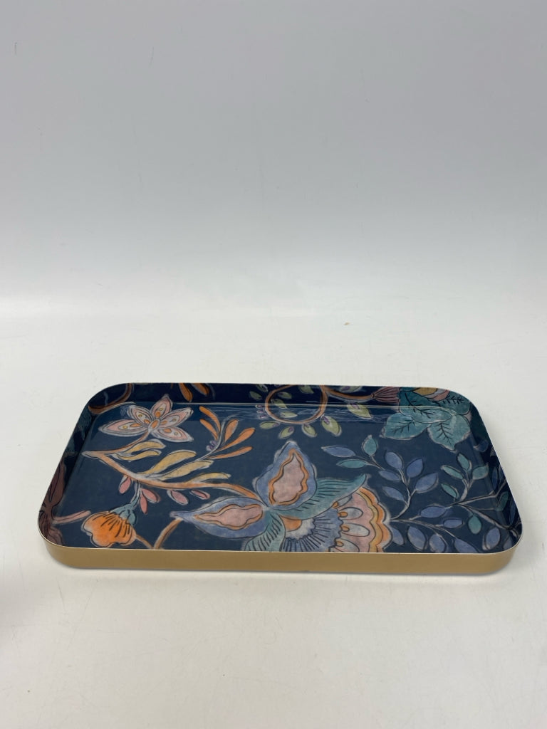 Blue Multi Color Flowers Metal Tray