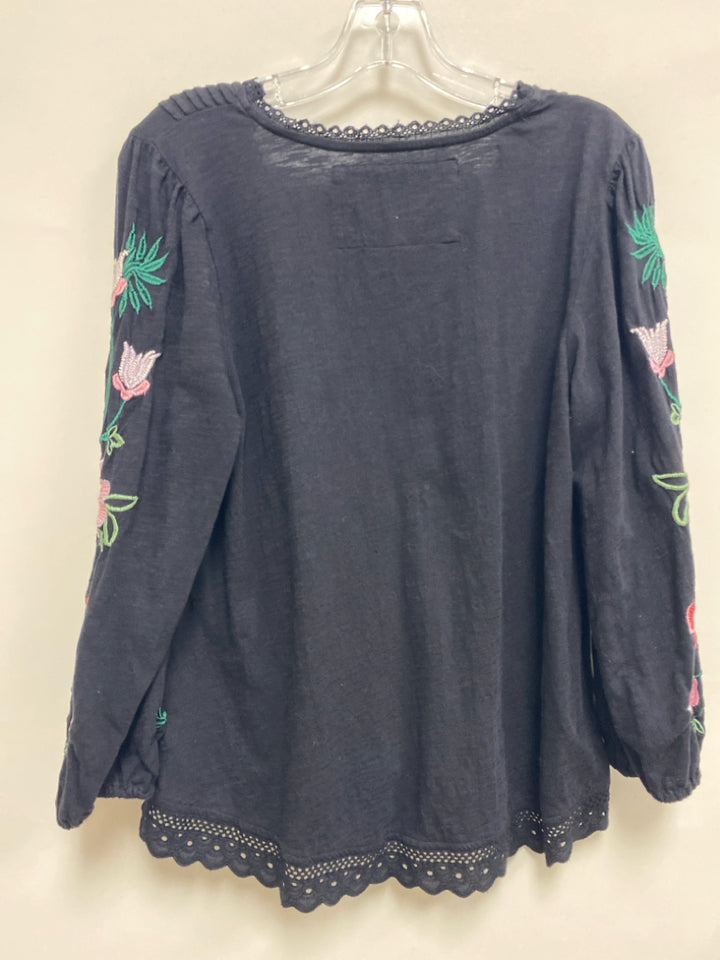 Anthropologie Size S Black Pink/Green Embroidered V Neck Ladies Top