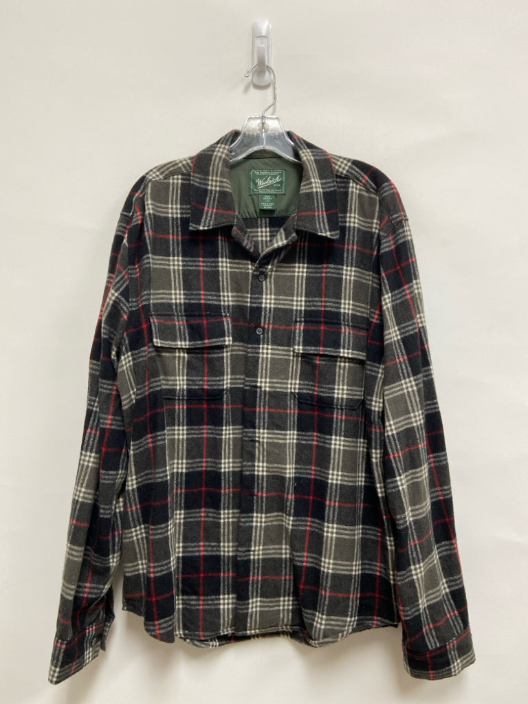 Woolrich Size L Black Gray/Red Plaid Button Up Men&