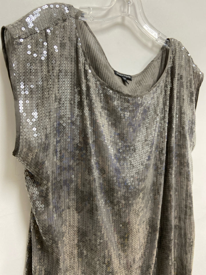 Eileen Fisher Size L Gray Clear Sequins Silk Ladies Top