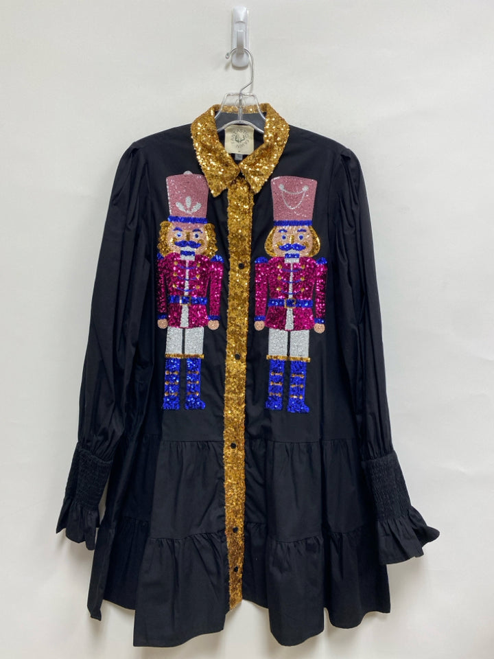Fantastic Fawn Size M Black Multi Color Sequins Puff Sleeve Ladies Dress