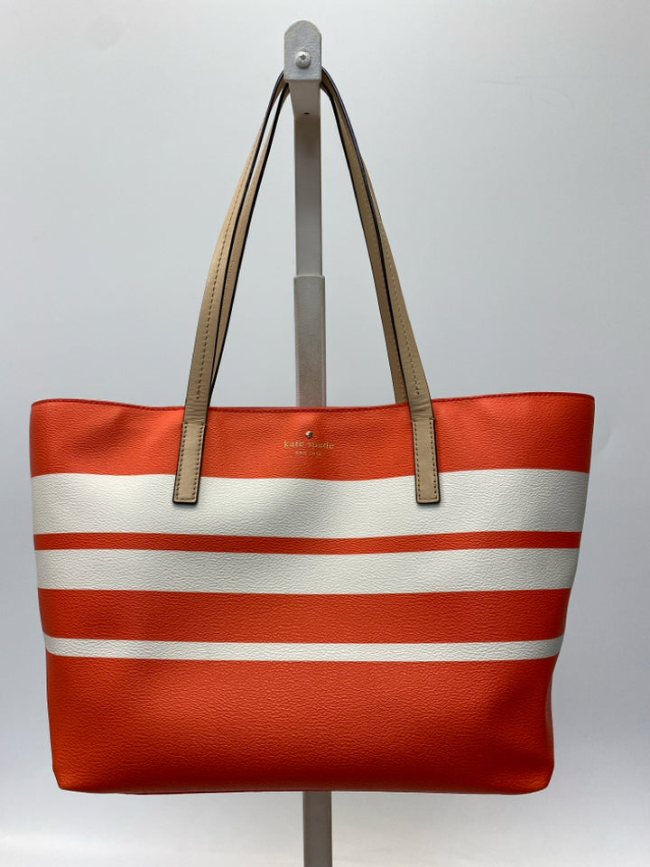Kate Spade Orange White Stripe(s) Leather Tote Bag