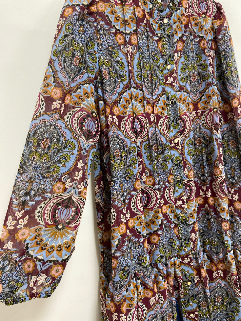 Donna Ricco Size 10 Burgundy/Blue Cream/Orange Acanthus Long Sleeve Ladies Dress