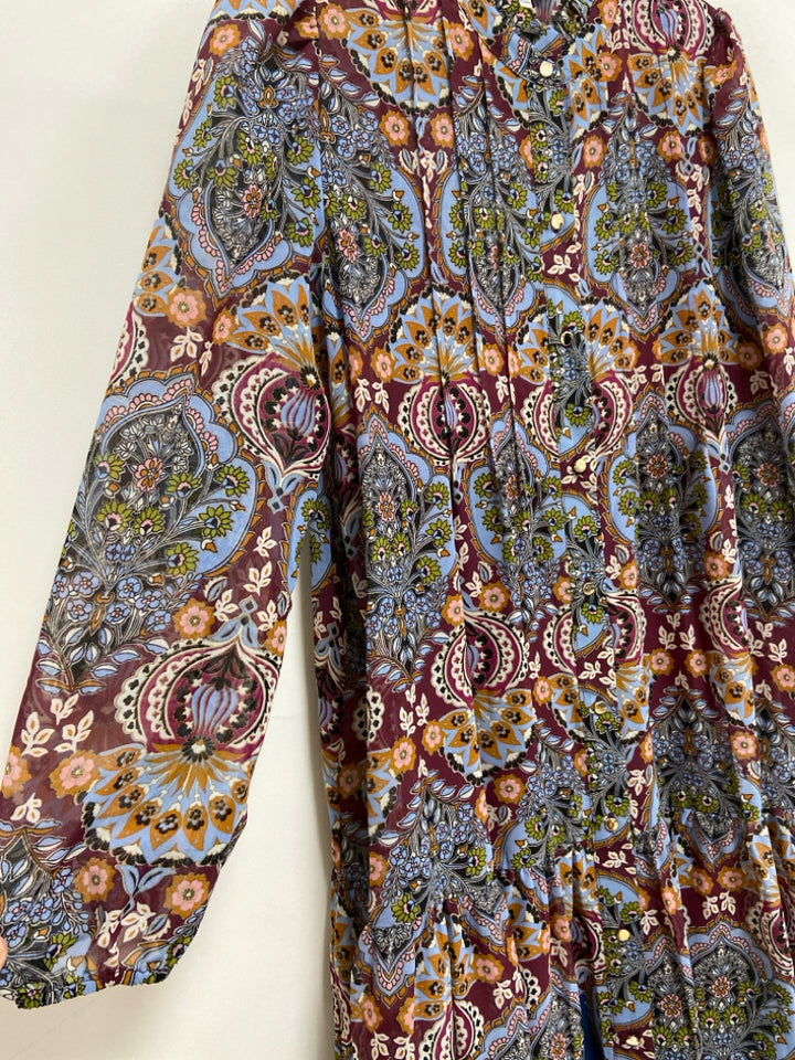 Donna Ricco Size 10 Burgundy/Blue Cream/Orange Acanthus Long Sleeve Ladies Dress