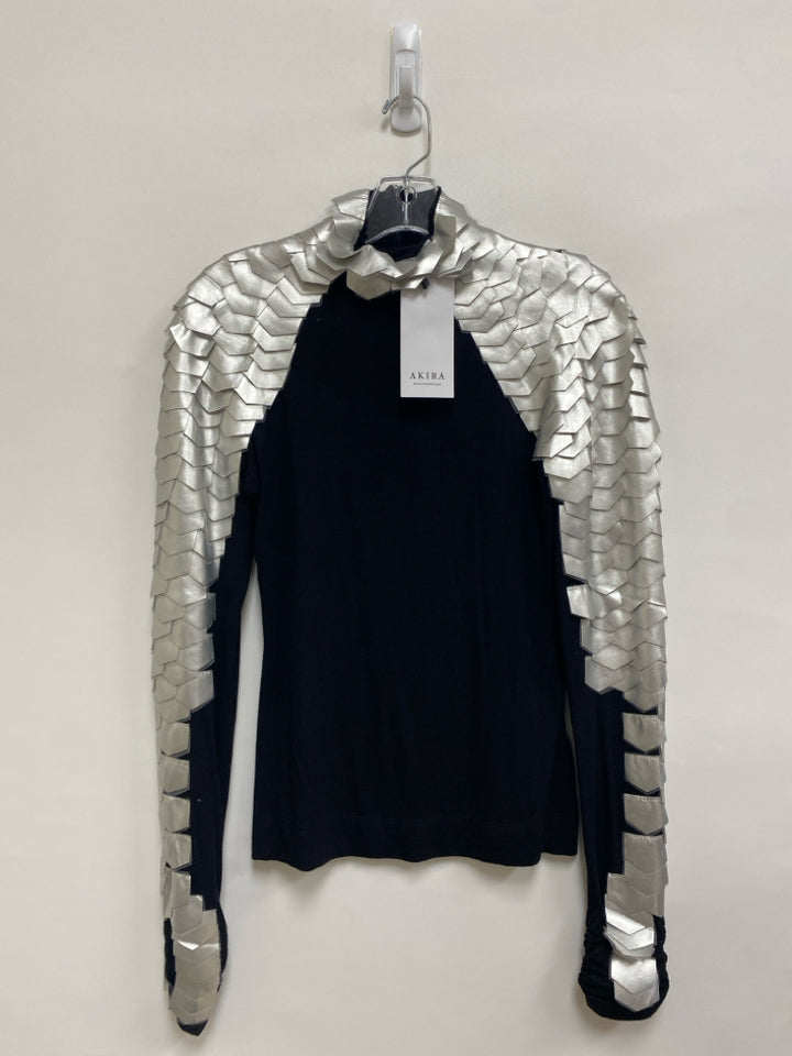 NWT Akira Size S Silver Black Long Sleeve Faux Leather Ladies Top